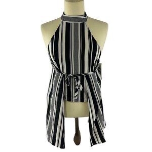 Polly & Esther Striped Halter Neck Top Black White Size M Backless Nautical